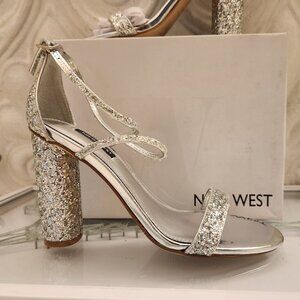 Nine West Silver Embellished Celebra Heeled Sandals. NIB. Size 7.5